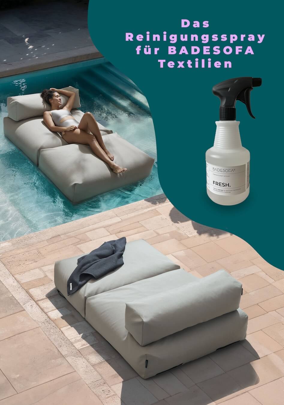 Die Grafik zeigt zum einen zwei Poolsofas, zum anderen die Flasche des Reinigers, der speziell zur Reinigung des Poolsofas geeignet ist.
